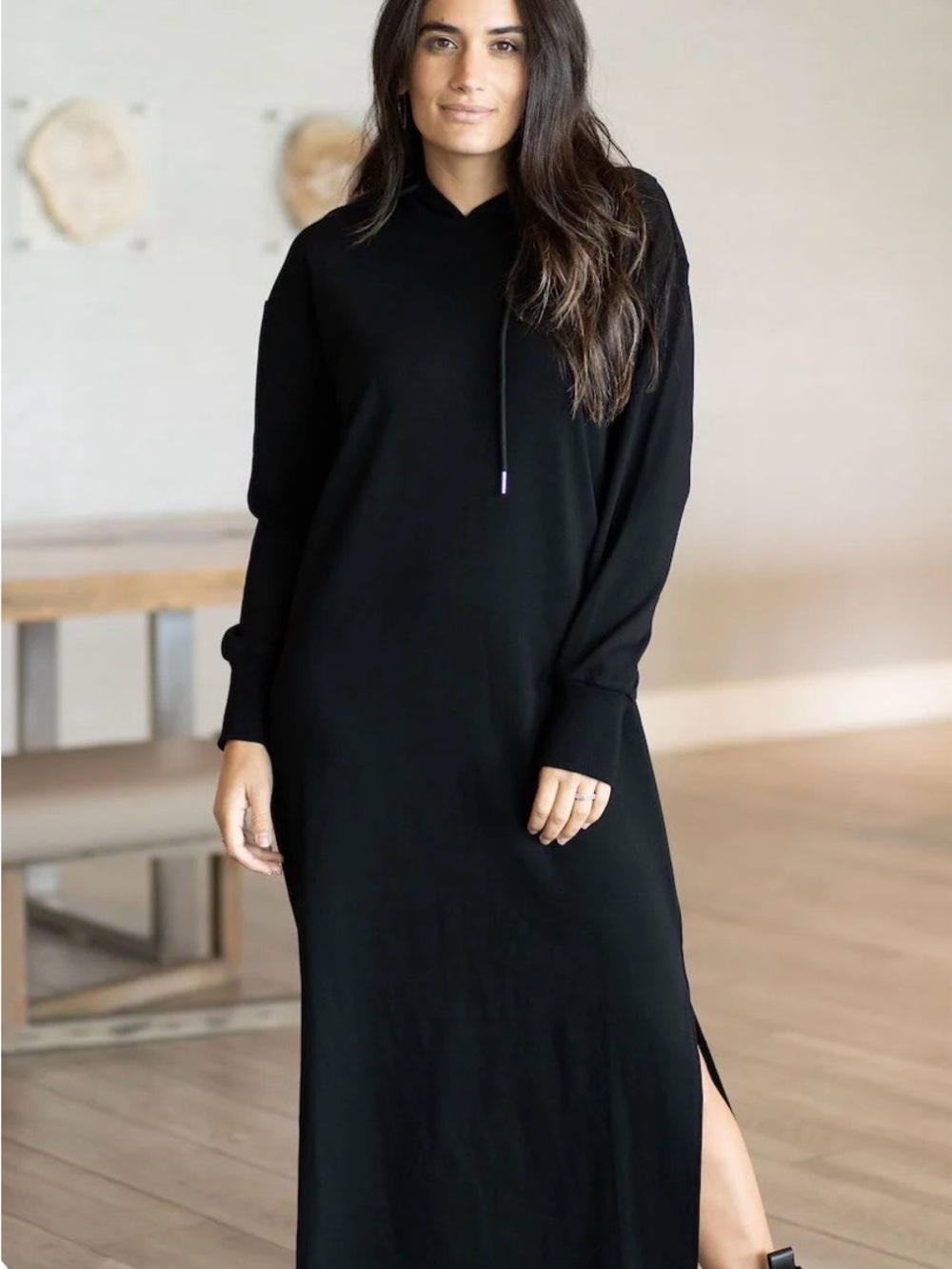 The Drop Claudia Cuddle Black Hoodie Sweater Midi Dress Ribbed Size Medium